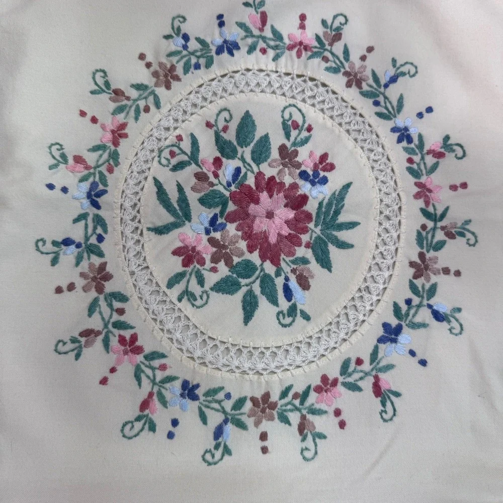 Vintage Hand Embroidered Floral Lace Trim Pillow Covers Set of 2 Cream 15.5